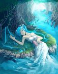  aqua_eyes aqua_hair armpits bare_shoulders breasts cleavage corset dress flower fuyumoe hair_flower hair_ornament hatsune_miku jewelry long_hair lying necklace partially_submerged solo strapless_dress tree twintails very_long_hair vocaloid water 