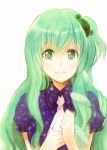  alternate_costume aqua_hair ascot bust green_eyes hair_ornament hands_on_own_chest kochiya_sanae long_hair looking_at_viewer meet puffy_sleeves short_sleeves smile solo touhou 