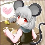  animal_ears capelet cheese cheesecake cocozasa dress grey_hair heart mouse mouse_ears mouse_tail nazrin pie plate red_eyes ribbon short_hair sitting smile solo tail touhou ufo 