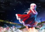  building candy_cane christmas fence flower from_behind fur guilty_crown hair_ornament hairclip hood looking_back merry_christmas night night_sky pink_hair police_tape red_eyes santa_costume signature sky snow solo stells thigh-highs thighhighs yuzuriha_inori 