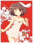  :3 ;3 animal_ears bare_shoulders blush brown_hair bunny_ears bunny_tail carrot chemise floral_background flower inaba_tewi jewelry pendant red_background red_eyes short_hair smile solo tail thigh-highs thighhighs touhou white_legwear wink yamasan zettai_ryouiki 