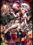  afraco bare_legs barefoot bat_wings blush bottle bow couch cup feet flower full_moon hat highres lamp moon petals pillarboxed red_eyes red_moon remilia_scarlet rose sash shirt silver_hair sitting skirt skirt_set solo touhou window wine wine_glass wings 