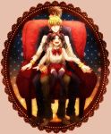  2boys black_hair blonde_hair blue_eyes blush brown_eyes brown_hair chair child fate/stay_night fate/zero fate_(series) gilgamesh kotomine_kirei long_hair looking_up multiple_boys open_mouth red_eyes short_hair sitting sitting_in_lap sitting_on_lap sitting_on_person smile thighhighs tohsaka_rin toosaka_rin tsubakiya twintails zettai_ryouiki 