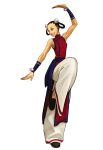  baggy_pants bell black_hair braid china_dress chinese_clothes fatal_fury fighting_stance grin hair_bell hair_ornament hair_rings king_of_fighters king_of_fighters_2001 kung_fu li_xiangfei nona official_art sash slippers smile snk standing_on_one_leg toned twin_braids vambraces 