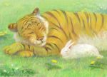  ashinomoto barnaby_brooks_jr bunny faux_traditional_media field grass highres kaburagi_t_kotetsu no_humans rabbit sleeping tiger tiger_&amp;_bunny 