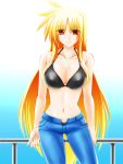  1girl bikini_top blonde_hair breasts cleavage engo_(aquawatery) fate_testarossa female highres jeans large_breasts light_smile long_hair lyrical_nanoha mahou_shoujo_lyrical_nanoha_strikers navel open_fly pants red_eyes solo unzipped very_long_hair 