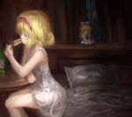  alice_margatroid bed blonde_hair blue_eyes bottle character_doll cup curtains doll drinking glass hairband indoors kirisame_marisa madaragi nightgown pillow short_dress short_hair sitting solo touhou window wine_glass 
