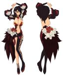  arms_up asymmetrical_clothes asymmetrical_clothing black_hair black_legwear bracelet breasts character_sheet cherinova cleavage flat_color flower hands_together interlocked_fingers jewelry large_breasts long_hair long_sleeves navel original red_eyes sideboob simple_background turnaround 