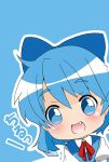  ahoge bad_id berry_jou blue_eyes blue_hair blush bow chibi cirno fang hair_bow highres open_mouth short_hair simple_background solo touhou wings 