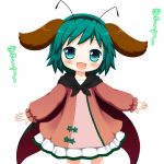  animal_ears antennae bebelona blush cape child cosplay dress green_eyes green_hair kasodani_kyouko kasodani_kyouko_(cosplay) open_mouth outstretched_arms short_hair simple_background skirt smile solo touhou translated translation_request white_background wriggle_nightbug wriggle_nightbug_(cosplay) 