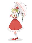  ascot bat_wings blonde_hair dress flandre_scarlet highres mary_janes red_eyes rukah shoes short_hair side_ponytail simple_background smile solo standing the_embodiment_of_scarlet_devil touhou umbrella walking wings 