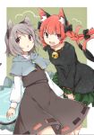  2girls akagashi_hagane animal_ears bell bow braid capelet cat_ears cat_tail dress frills grey_hair hair_bow hair_ornament jewelry kaenbyou_rin long_hair long_sleeves mouse_ears mouse_tail multiple_girls multiple_tails nazrin open_mouth pointy_ears puffy_sleeves red_eyes redhead shirt short_hair simple_background skirt skirt_set smile tail touhou twin_braids vest 