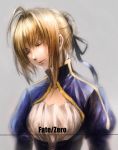  ahoge bad_id blonde_hair closed_eyes dress eyes_closed fate/stay_night fate/zero fate_(series) hair_ribbon highres kzcjimmy lips ribbon saber solo title_drop 