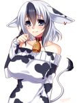  animal_ears bare_shoulders bell bell_collar blue_eyes blush breasts collar cow_bell cow_ears cow_girl cow_print cow_tail konshin large_breasts multicolored_hair original short_hair smile solo tail two-tone_hair 