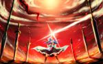  alternate_weapon apron arm_grab arm_up blouse blue_hair boots cloud fate/stay_night fate_(series) field_of_blades highres hinanawi_tenshi katana lace long_hair nekominase no_hat no_headwear planted_sword planted_weapon polearm pose red_eyes skirt sky solo spear sword touhou unlimited_blade_works weapon 