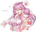 :d breasts closed_eyes double_bun english eyes_closed flower hair_flower hair_ornament himuro himuro_(dobu_no_hotori) open_mouth original outstretched_arms pullover purple_hair smile solo twintails 