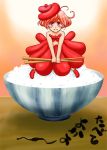  1girl ahoge bowl chopsticks food food_as_clothes hairu_(690n) hat karashi_mentaiko original personification pink_eyes pink_hair rice roe solo 