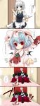  apron bat_wings blood blue_eyes blue_hair braid child comic dress highres ichiru ichiru_(artist) izayoi_sakuya multiple_girls nosebleed red_eyes remilia_scarlet touhou translated translation_request twin_braids wings 