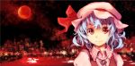  adapted_costume blue_hair city cityscape dress face full_moon hat hat_ribbon highres lavender_hair light looking_at_viewer makuwauri moon night red_eyes red_moon remilia_scarlet ribbon short_hair sky smile solo star_(sky) starry_sky touhou vest 