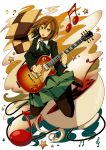  bass_clef brown_eyes brown_hair cookie electric_guitar food guitar highres hirasawa_yui instrument k-on! kishichi musical_note open_mouth oversized_object pantyhose school_uniform short_hair solo treble_clef 