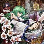  3girls blonde_hair blue_eyes blue_hair detached_sleeves flower frog gohei green_hair hair_ornament hat kazabana_fuuka kochiya_sanae mirror moriya_suwako multiple_girls red_eyes snake touhou yasaka_kanako yellow_eyes 