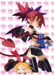  bat_wings blonde_hair choker demon_girl demon_tail disgaea earrings elbow_gloves etna fang flat_chest flonne flonne_(fallen_angel) gloves grin harada_takehito highres jewelry nippon_ichi official_art pointy_ears prinny red_eyes red_hair redhead skirt smile tail thigh-highs thighhighs twintails wings 
