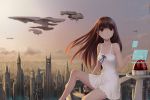  bare_shoulders brown_eyes brown_hair chemise city cityscape cloud collarbone dress dusk long_hair original realistic ribbon science_fiction scifi sitting sky smile space_craft youbou 