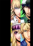  3boys barnaby_brooks_jr beanie blonde_hair blue_eyes blush brown_eyes brown_hair glasses green_eyes hat jacket kaburagi_t_kotetsu karina_lyle keith_goodman lips maroko multiple_boys portrait tiger_&amp;_bunny 