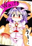  bad_id bat_wings blush blush_stickers brooch drooling eijsvl english fang food hat jewelry plate pov pudding purple_hair red_eyes remilia_scarlet saliva short_hair simple_background skirt skirt_set solo speech_bubble text touhou wings wrist_cuffs 