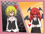  :&lt; :d adult ascot bags_under_eyes bat_wings blonde_hair blush broken cat-ma checkered checkered_background cigarette collarbone constricted_pupils dress_shirt dropping eyebrows eyelashes gradient gradient_background hair_over_eyes hand_on_stomach hands_on_stomach happy head_wings heart koakuma long_hair long_sleeves multiple_girls open_mouth red_hair redhead rumia shirt short_hair skirt skirt_set smile split_screen spoken_heart sweat the_embodiment_of_scarlet_devil thick_eyebrows touhou unbuttoned untucked v vest wings youkai 