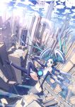  aqua_eyes aqua_hair boots cityscape elbow_gloves falling gloves hatsune_miku hatsune_miku_(append) highres langjiao lens_flare long_hair microphone_stand miku_append open_mouth sky smile solo thigh-highs thigh_boots thighhighs twintails very_long_hair vocaloid vocaloid_append 