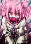  angry bondage bound_wrists chain chains crossed_arms gag gagged hair_ribbon handcuffs highres kaname_madoka mahou_shoujo_madoka_magica pant-3 pink_hair ribbon short_hair short_twintails solo straitjacket tears twintails yellow_eyes 