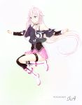  ahoge bare_shoulders blue_eyes boots braid choker ia_(vocaloid) long_hair off_shoulder pink_hair simple_background single_thighhigh skirt solo thigh_strap thighhighs very_long_hair vocaloid yuduru 