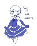  bare_shoulders blue bob_cut curtsey dress eirene_(oniro) elbow_gloves english flat_chest gloves highres magical_girl monochrome oniro original pas_(paxiti) simple_background sketch solo strapless_dress text white_background 