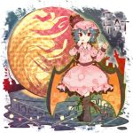  ascot bad_id bat_wings blue_hair boots building dress eating english fang fork full_moon hand_on_own_face hat hat_ribbon highres holding holding_fork lavender_hair moon red_eyes remilia_scarlet ribbon ringetsumon short_hair smile solo standing touhou wings 