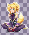  1girl animal_ears black_gloves black_legwear blonde_hair blush breasts checkered checkered_background dog_days fingerless_gloves fox_ears fox_tail gloves green_eyes indian_style japanese_clothes kazuma_muramasa kimono large_breasts long_hair looking_at_viewer ponytail sandals simple_background sitting smile solo tail thigh-highs yukikaze_panettone 