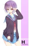  1girl cardigan glasses haegiwa highres nagato_yuki orange_eyes purple_hair school_uniform serafuku short_hair suzumiya_haruhi_no_yuuutsu 