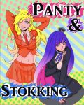  arms_behind_head arms_up blazer character_name crown den_(0nov25) engrish multiple_girls navel necktie panty_&amp;_stocking_with_garterbelt panty_(character) panty_(psg) ranguage skirt stocking_(character) stocking_(psg) wink 