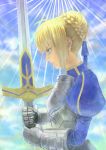  armor armored_dress bad_id blonde_hair dress excalibur fate/stay_night fate_(series) gauntlets green_eyes hair_ribbon profile ribbon saber solo sword weapon yumechigai 