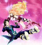  1girl :o aerialsoul black_hair blonde_hair boots breasts brown_eyes coat falling gloves hand_holding holding_hands jude_mathis long_hair milla_maxwell open_mouth pants pink_background purple_eyes skirt sparkle tales_of_(series) tales_of_xillia taut_shirt tubetop violet_eyes 