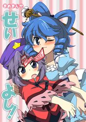  beret blue_dress blue_eyes blue_hair blush comic cover cover_page dress drill_hair eromame fang fingernails hair_rings hair_stick hat jiangshi kaku_seiga miyako_yoshika mouth_hold multiple_girls nail_polish ofuda outstretched_arms purple_hair short_hair smile star touhou vest wink zombie_pose 