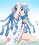  armpits blue_eyes blue_hair dress english hat ikamusume long_hair looking_back maruto! shinryaku!_ikamusume sitting tentacle_hair wariza 