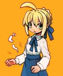  :o ahoge armor bad_id blonde_hair blush dadami fate/stay_night fate_(series) green_eyes hair_bun hair_ribbon hungry long_sleeves open_mouth orange_background ribbon saber saliva simple_background skirt solo stomach_growling trembling 