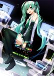  bad_id boots detached_sleeves green_eyes green_hair hatsune_miku long_hair necktie open_mouth rituiti sitting skirt solo thigh-highs thigh_boots thighhighs twintails very_long_hair vocaloid 