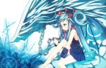  aqua aqua_hair bare_arms barefoot blue blue_hair bracer chain chains dragon dress hair_ornament jubeat long_hair profile red_eyes reko_(torinegi) ryoushi_no_umi_no_lindwurm ryoushi_no_umi_no_rintovurumu sitting sleeveless sleeveless_dress torinegimiso twintails 