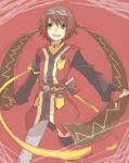  brown_hair fingerless_gloves gloves goggles green_eyes kawamura_raichi open_mouth red_background rita_mordio scroll short_hair solo tales_of_(series) tales_of_vesperia 