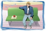  1boy apple bench blonde_hair blue_eyes blue_jacket bomber_jacket food fruit jacket jeans keith_goodman lovely4569 male shoes short_hair sneakers solo tiger_&amp;_bunny 