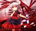 alternate_color card clock crossover dress finger_to_mouth grey_hair izayoi_sakuya knife m.u.g.e.n magic_circle maid_headdress raira red red_eyes smile solo the_embodiment_of_scarlet_devil throwing_knife touhou weapon 