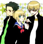  1girl 2boys ahoge black_hair blonde_hair blush eating fate/stay_night fate/zero fate_(series) food gilgamesh green_eyes jewelry lancer_(fate/zero) mole multiple_boys necklace nikuman red_eyes saber school_uniform serafuku taflo yellow_eyes 