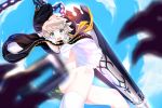  1boy androgynous blue_eyes closers dexp jumping looking_at_viewer mistilteinn_(closers) open_mouth pov short_hair shorts smile sword weapon 